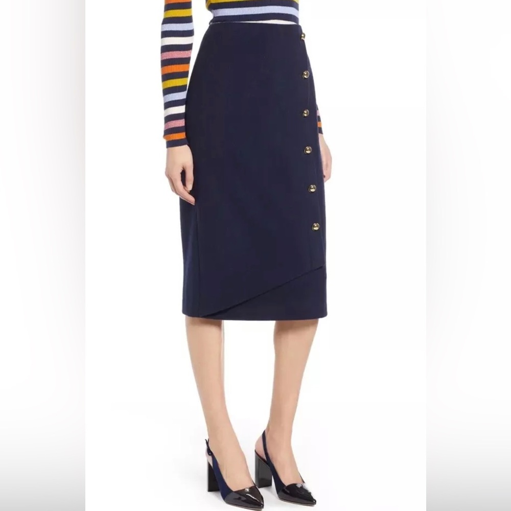 Halogen x Atlantic-Pacific Faux Wrap Pencil Skirt Navy Blue Petite 6P New Defect